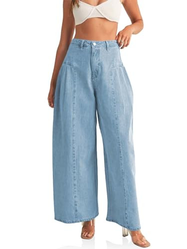 PLNOTME Womens Baggy High Waisted Jeans Loose Boyfriend Wide Leg Side Pleated Denim Pants | Amazon (US)
