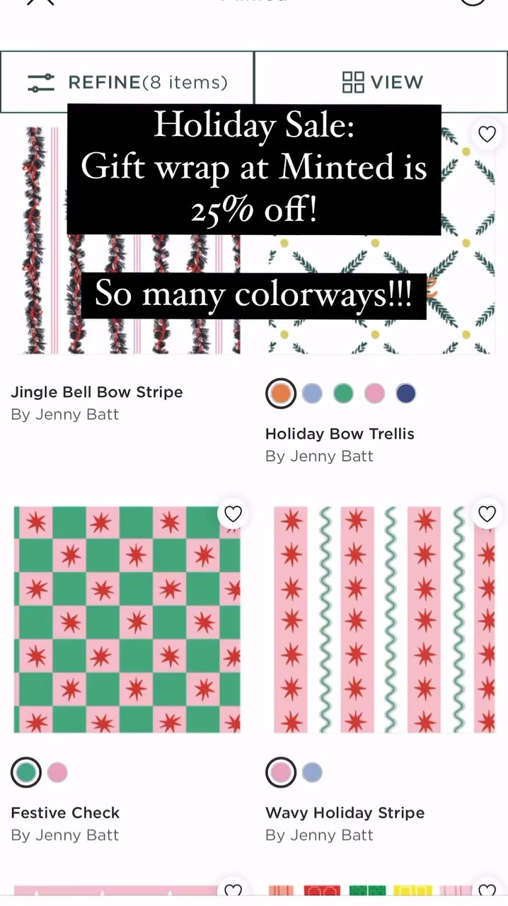 Holiday wrapping paper on sale @minted

Use code CYBER24 to get 25% off

Hurry this won't last long!
#grandmillenial #holidayinspo #giftwrappingideas #gifting #colorfulchristmas #holidaydecor #pinkchristmas #charleston #palmbeachstyle