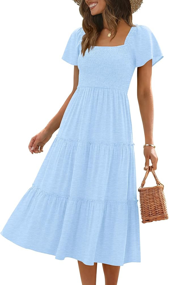 ANRABESS Women Summer Casual Square Neck Flutter Sleeve Boho Smocked A-Line Flowy Tiered Modest M... | Amazon (US)