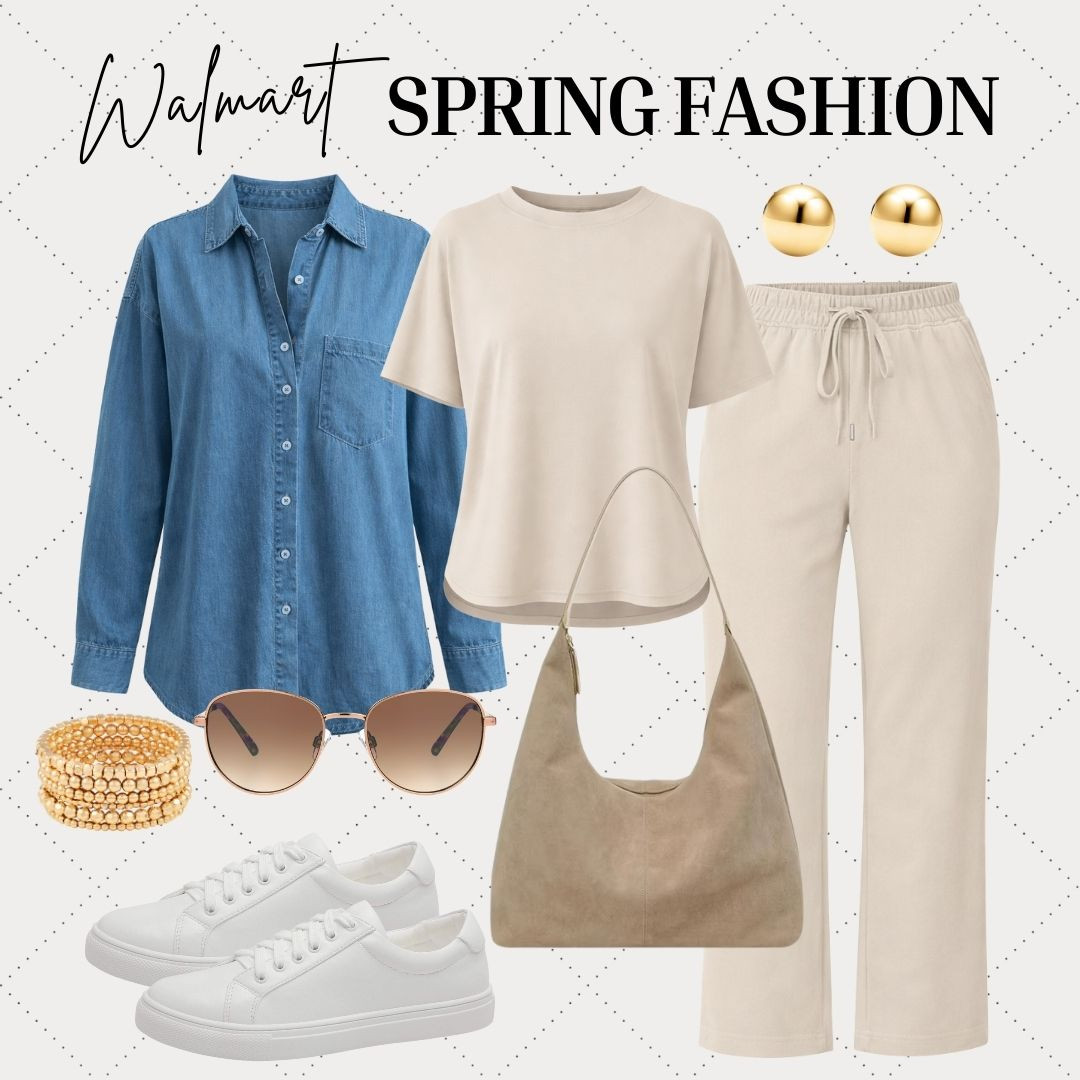 Casual spring outfit ideas from Walmart you’ll actually wear. A lightweight denim button-down paired with a neutral tee and soft joggers is perfect for everyday errands or travel. 

// Walmart, Walmart Finds, Walmart Fashion, Walmart Fashion Spring, Walmart Spring, Walmart Outfits, Walmart Womens Fashion, Long Sleeve Denim Shirt, 2 Piece Lounge Sets, Shoulder Bag, Womens Sneakers, Stud Earrings, Bracelet, Womens Sunglasses 

 #LTKgrwm #LTKootd #LTKSeasonal