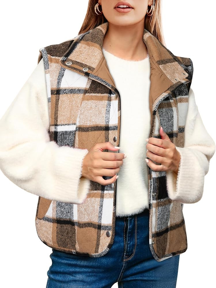 Glamaker Womens Plaid Puffer Vest Quilted Sleeveless Stand Collar Button Down Lightweight Winter ... | Amazon (US)