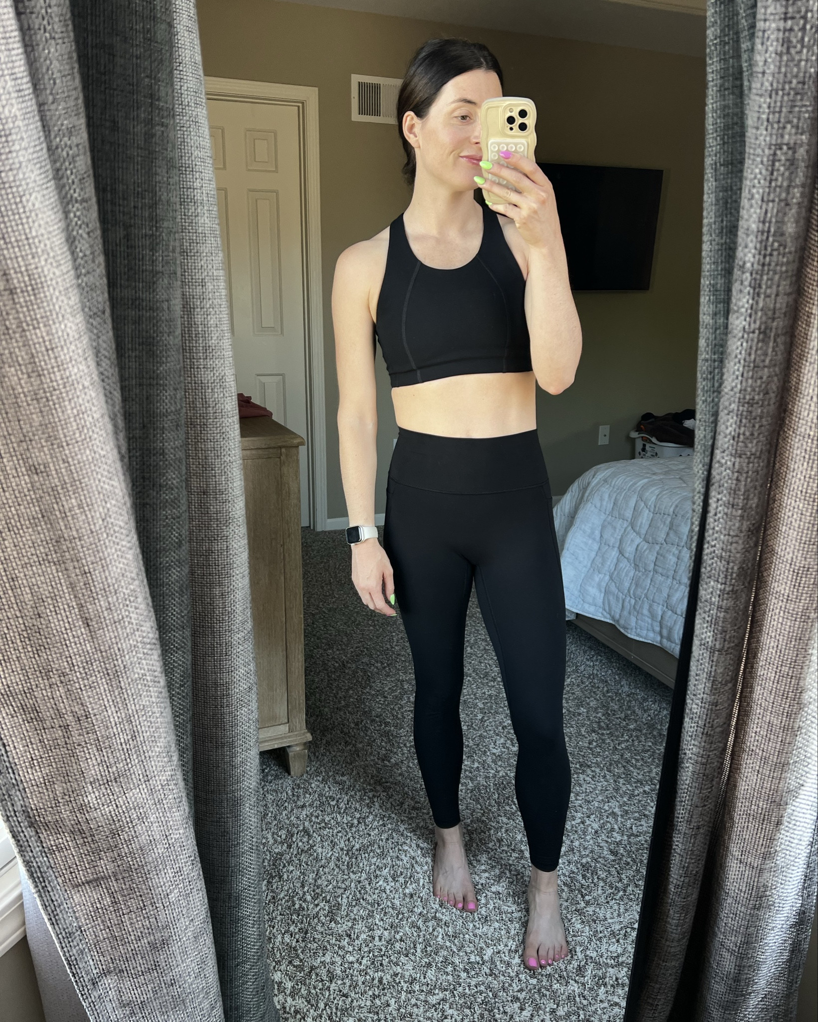 Full black workout set. No seam leggings, pockets, and open back bra. Wearing a small in both  

#LTKSummerEdit #LTKActive #LTKFindsUnder50