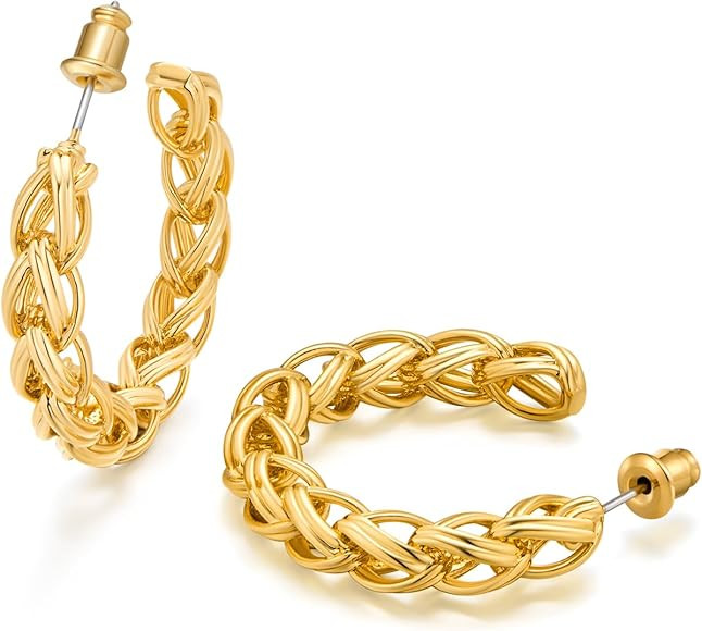 Gold Earrings for Women 14k Plated Twist Wheat Hoop Earrings Fashion Statement Jewelry Gift for H... | Amazon (US)