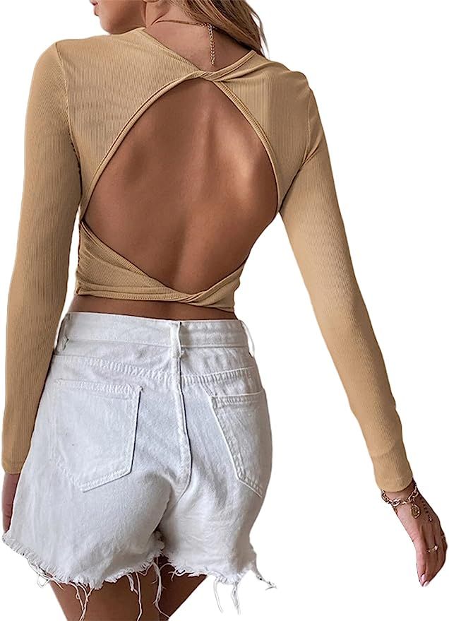 Sexy Backless Long Sleeve Crop Tops for Women Knit Ribbed Slim Fitted Shirts Round Neck Basic Tee... | Amazon (US)
