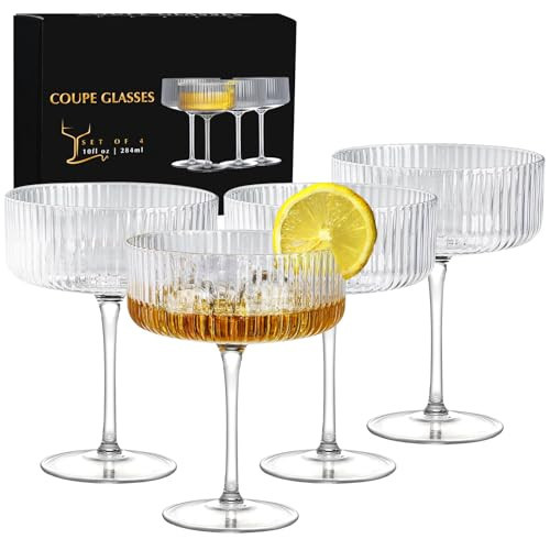 Coupe Glasses Set of 4, 10 oz Ribbed Martini Glasses, Hand Blown Cocktail Glasses, Bar Drinking Glasses, Gift Boxed Drinking Glasses Set Pefect for Espresso Martini, Manhattan, Cocktail, Champagne | Amazon (US)