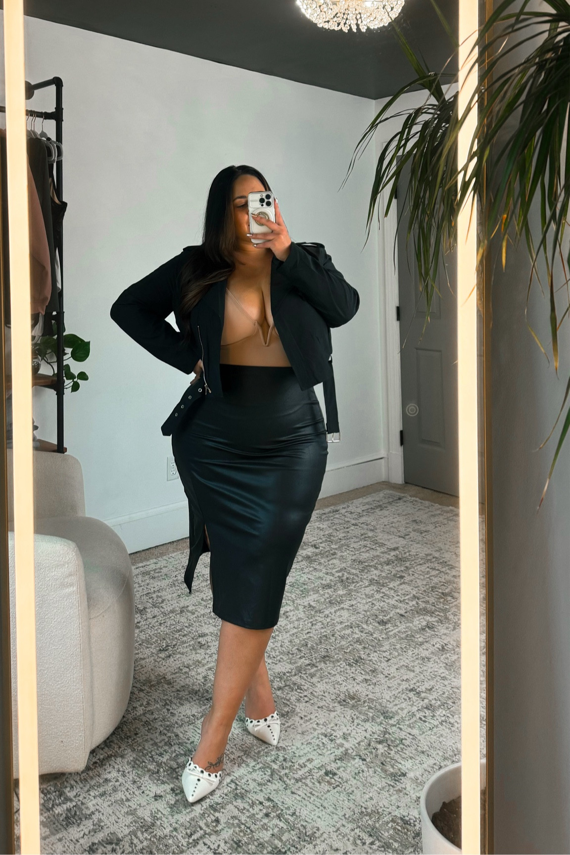 Faux leather midi skirt with built in Shapewear! 

Shown in size XXL, currently 20% off! 

Bodysuit also has built in Shapewear, I’m wearing a size 3XL. 

Jacket is sold out in black, wearing a size XXL 

Heels currently 25% off! 

#falloutfits #elevatedcasual #chicstyle #fauxleather #datenight #outfitideas #shapewear #size16 #size14 #ltkcurves 

#LTKMidsize #LTKPlusSize #LTKStyleTip