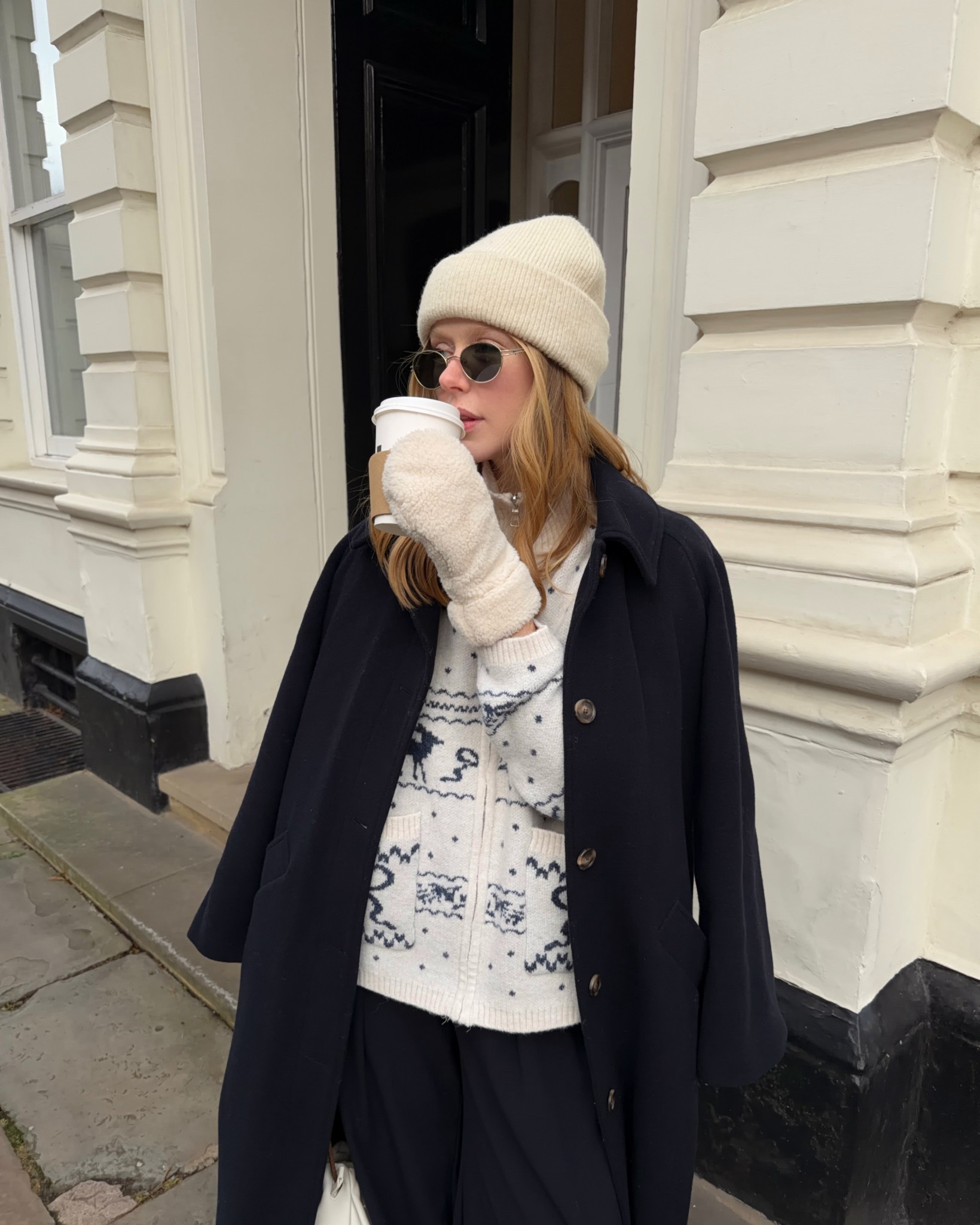 Beanie, Wool Hat, Cream Hat, Navy Coat, Wool Coat, Cream Jumper, Fair-isle Jumper, Mittens, Cosy Outfit 

#LTKeurope #LTKwinter #LTKuk