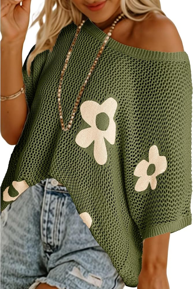 SELINK Flower Crochet Tops for Women Short Sleeve Hollow Out Sweaters Swimsuit Cover Ups Lightwei... | Amazon (US)