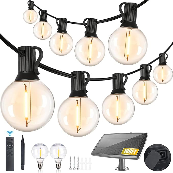 100FT Solar String Lights Outdoor Waterproof with Remote, G40 Solar Powered String Lights with 30... | Amazon (US)