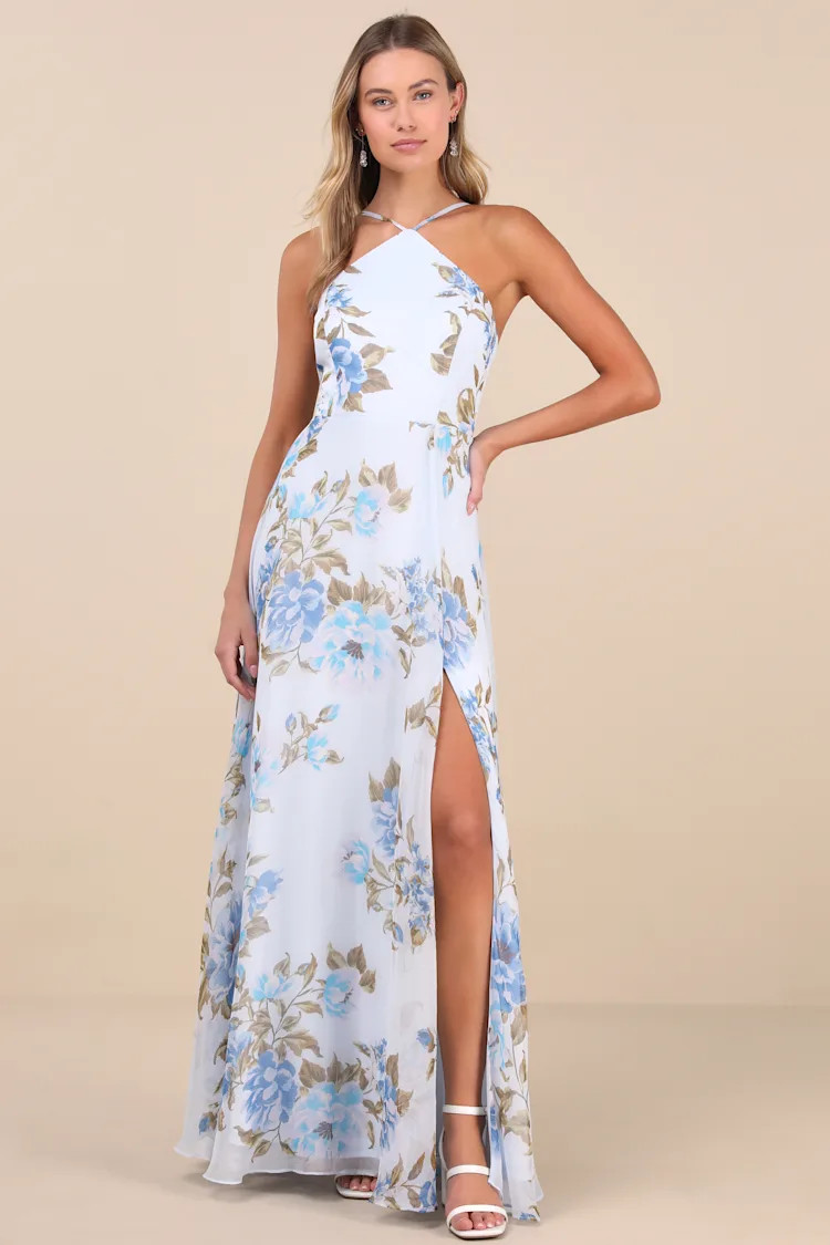 Romantic Marvel Light Blue Floral Print Halter Neck Maxi Dress | Lulus