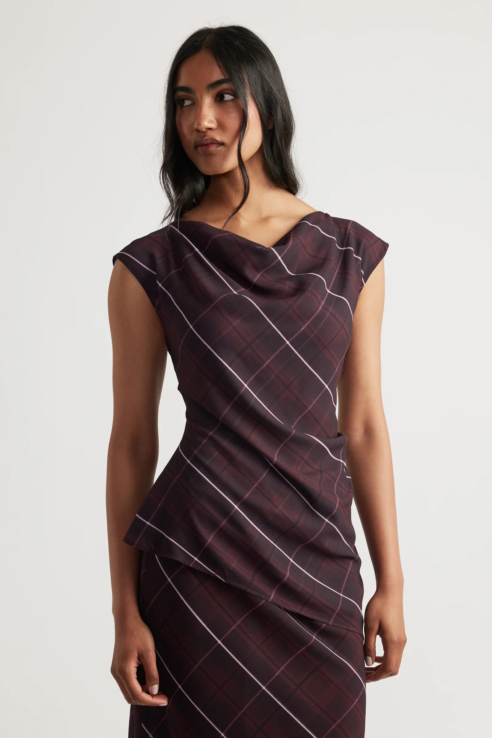 Faye Cowl Neck Top - Check Print | DECJUBA