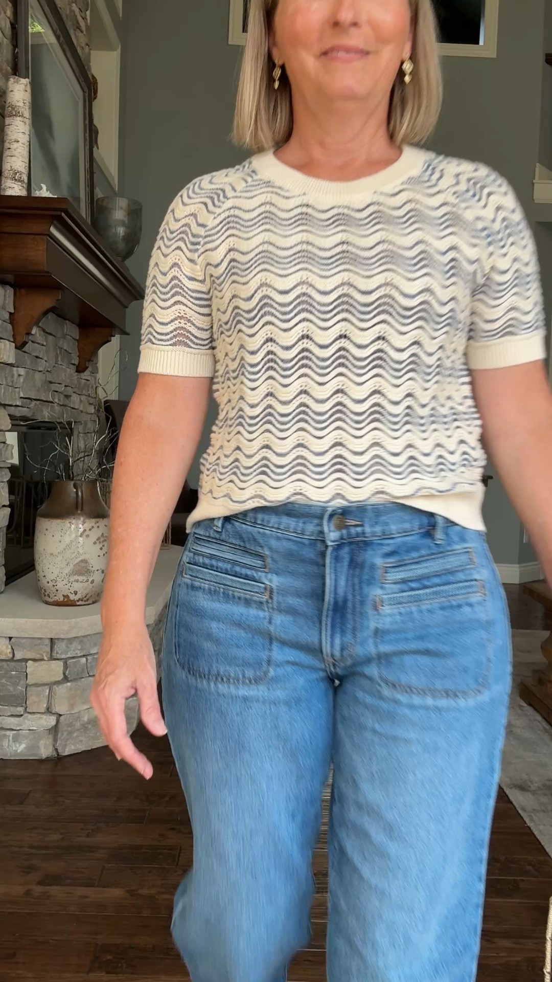 Take a look at these new comfortable relaxed fit jeans with cute pocket detailing in the front. True to size. Great denim with a vintage wash. I am also loving this soft, lightweight sweater with a blue/cream design woven together that can be warm now or into fall. 

#LTKFindsUnder50 #LTKOver40