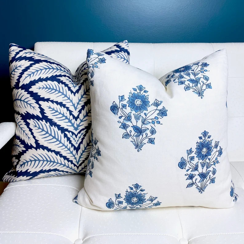 Beatrice Bouquet Pillow Cover - Blue White Floral Pillow Cover - Linen Pillow - Schumacher Pillow... | Etsy (US)