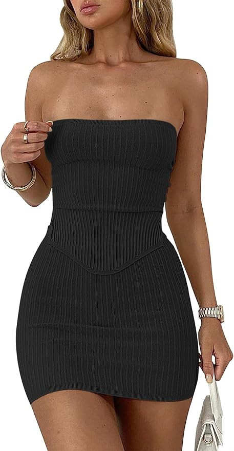 ANRABESS Women 2 Piece Skirt Sets Summer Strapless Crop Top Matching Bodycon Sexy Going Out Mini ... | Amazon (US)