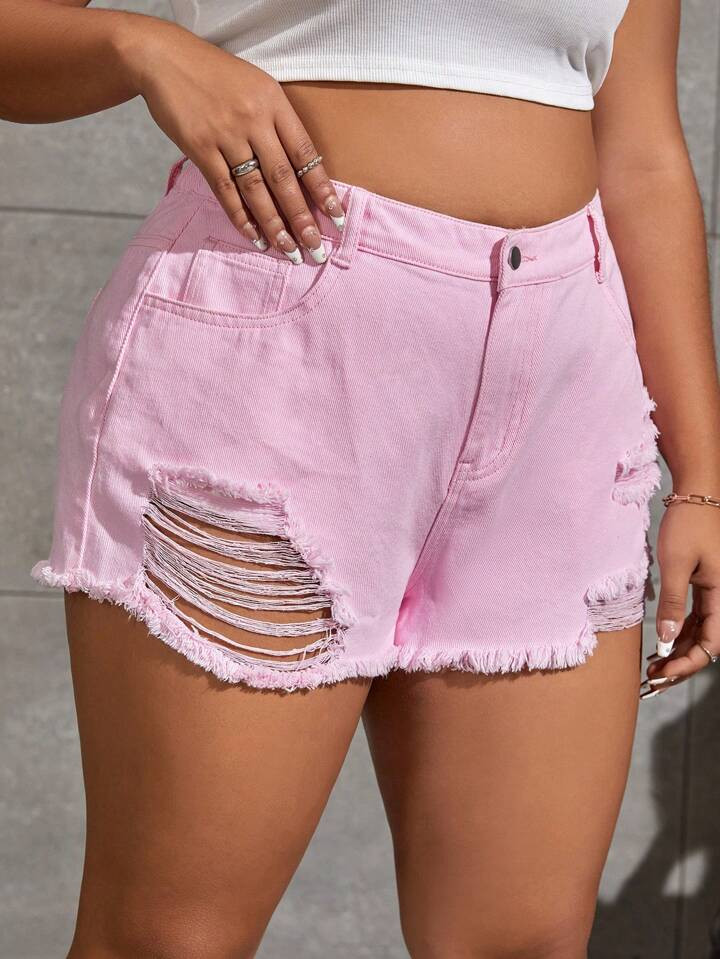 SHEIN Plus Ripped Raw Hem Denim Shorts | SHEIN