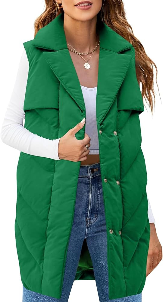 Fazortev Womens Long Quilted Puffer Vest Sleeveless Lapel Collar Puffy Jackets Winter Outwear War... | Amazon (US)