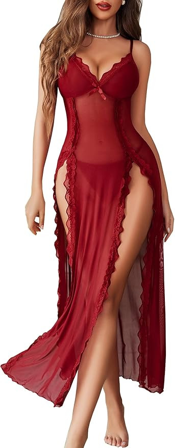 Avidlove Lencería de encaje para mujer, camisón sexy de malla, cuello en V, camisón con abertu... | Amazon (US)