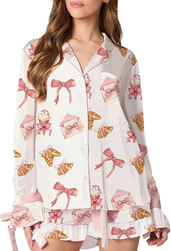 Owl's-Yard Women's Pajamas Sets Silk Button Down Shirts and Ruffled Shorts Set 2 Piece Sleepwear | Amazon (US)