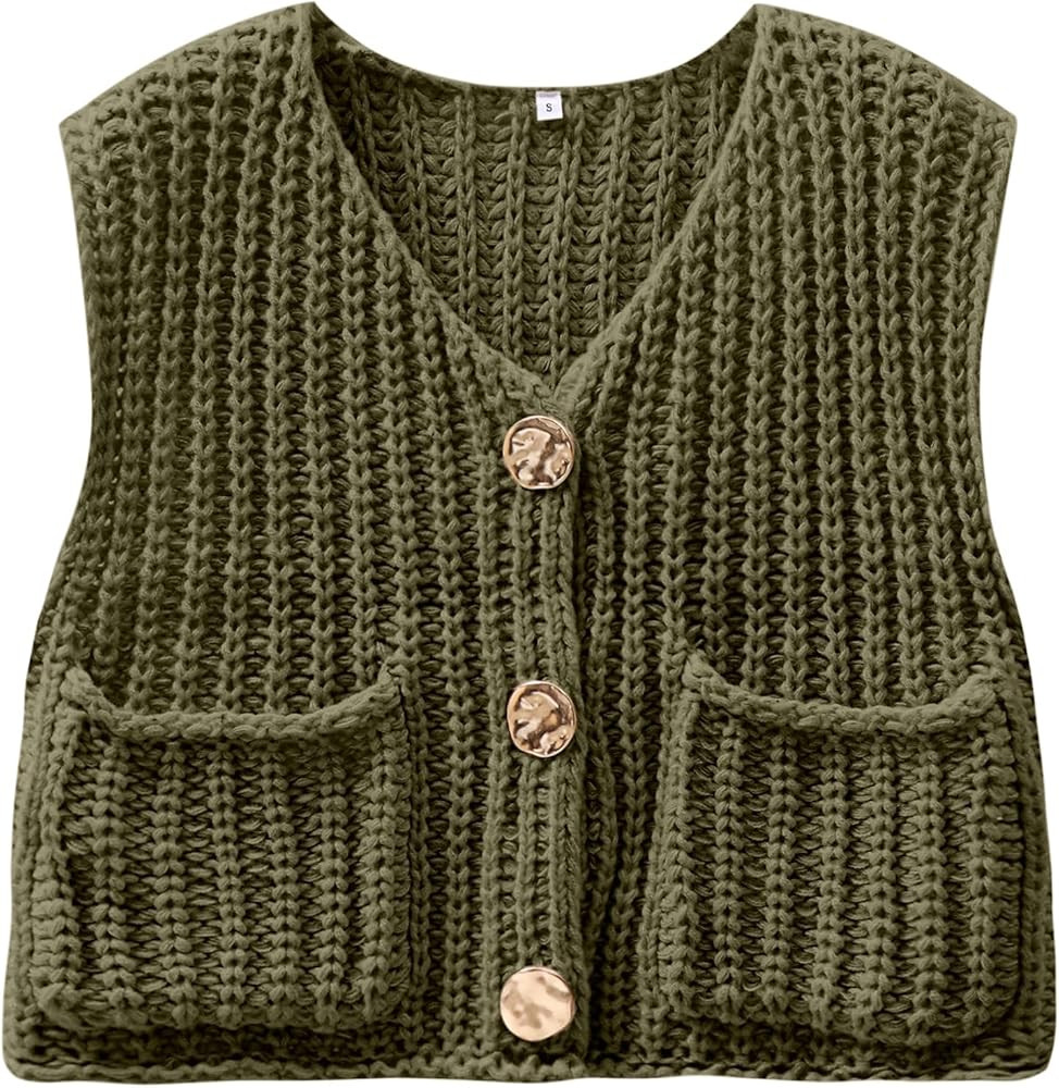 ANRABESS Womens Crop Sweater Vest Crochet Chunky Knit Button Down Sleeveless Cardigan with Pocket... | Amazon (US)
