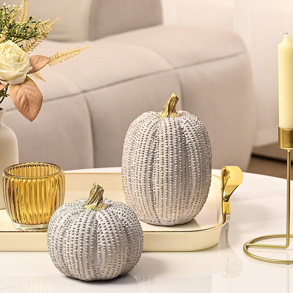 Fall Pumpkin Decor, Resin Pumpkin Figurine Set of 2, Decorative Fake Pumpkin for Decorating, Ligh... | Amazon (US)