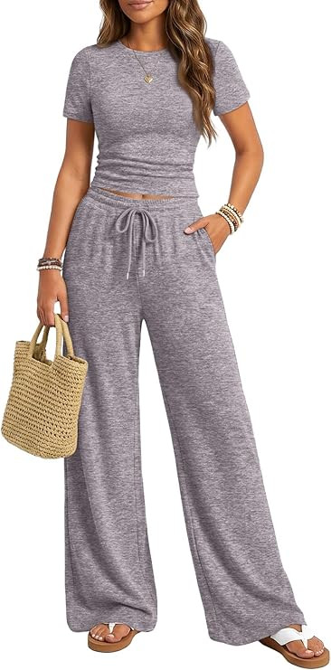 Trendy Queen Womens 2 Piece Lounge Matching Sets Wide Leg Pants Crew Neck Short Sleeve Shirt Swea... | Amazon (US)