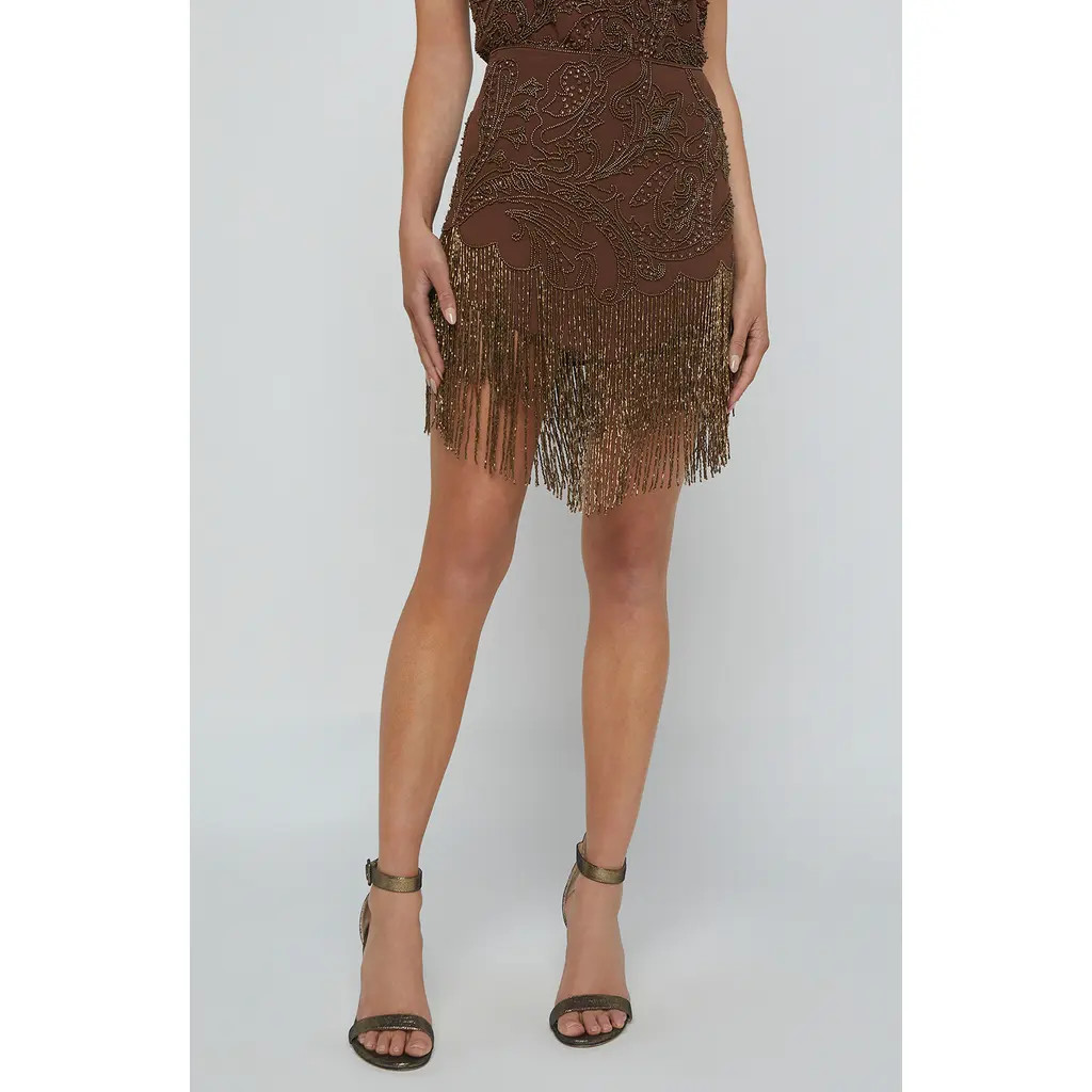 L'AGENCE Eulla Embroidered Metallic Fringe Skirt in Pinecone at Nordstrom, Size 4 | Nordstrom