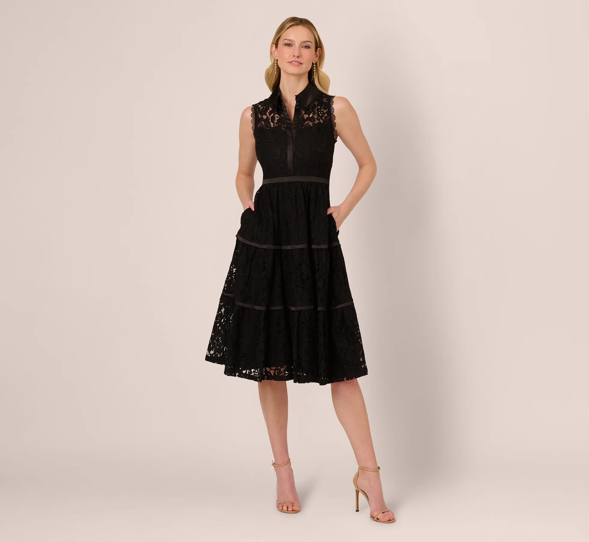 Sleeveless Collared Lace Fit And Flare Dress In Black | Adrianna Papell