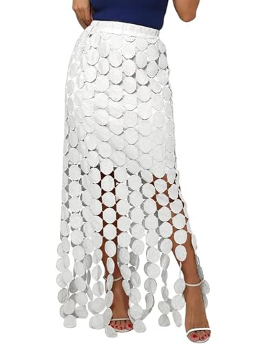 Kissonic Womens Long Fringe Maxi Skirt Summer Hollow Out Boho Elastic High Waist Skirt(White-L) | Amazon (US)