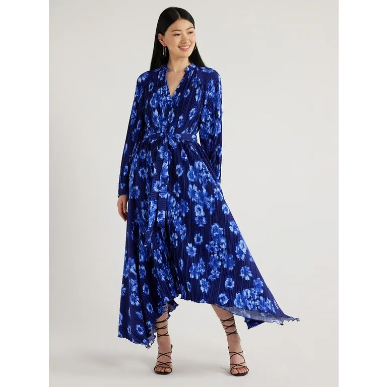 Scoop Women’s Pleated Handkerchief Hem Dress with Long Sleeves, Sizes XS-XXL | Walmart (US)