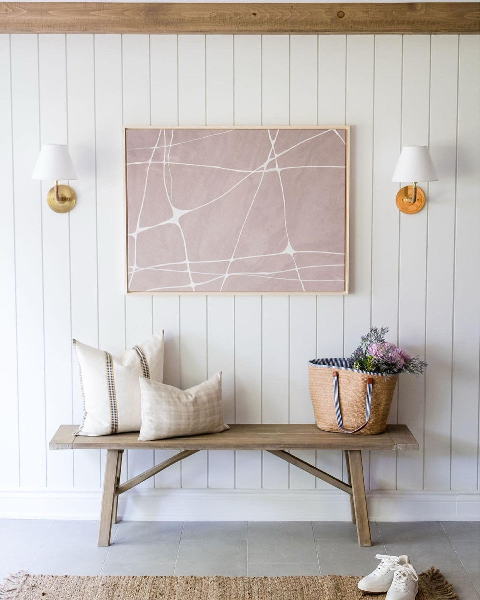 Mudroom design, sconces, accent pillows, modern art, mudroom, home decor, home design, lighting 

#LTKhome