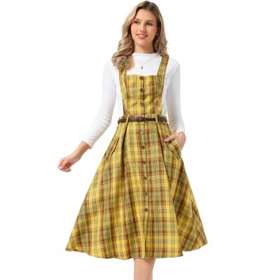 INSPIRE CHIC Women's Plaid Square Neck Belted Sleeveless A-Line Pinafore Dress X-Small Yellow | Target