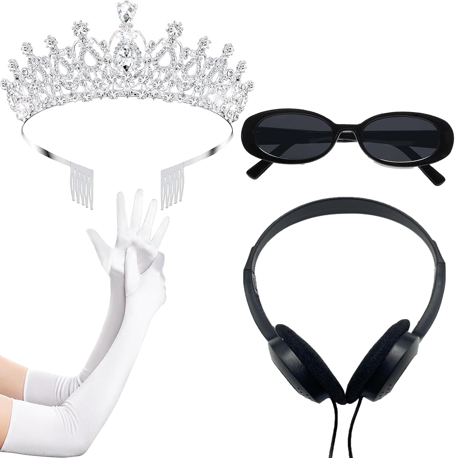 Princess White Tiara Gloves Sunglasses Headphones, Princess Costume Accessories Women Bachelorette Party Decorations | Amazon (US)