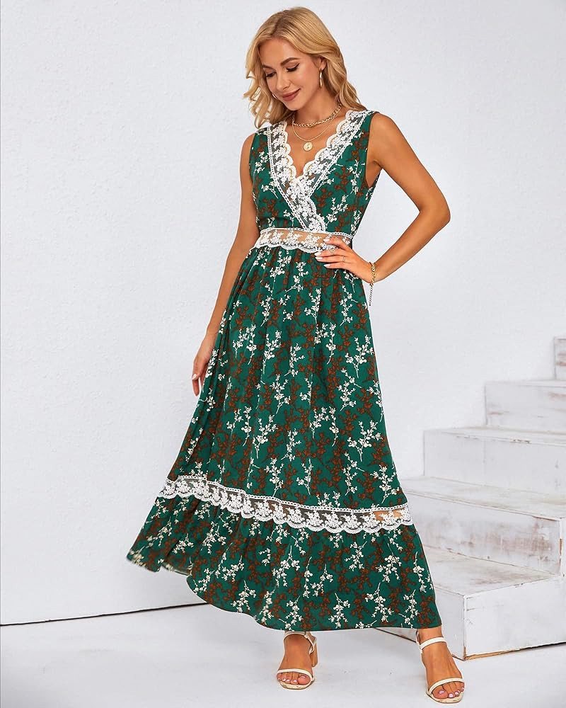 OUGES Womens V Neck Floral Long Maxi Dress Sleeveless Summer Boho Beach Dress | Amazon (US)
