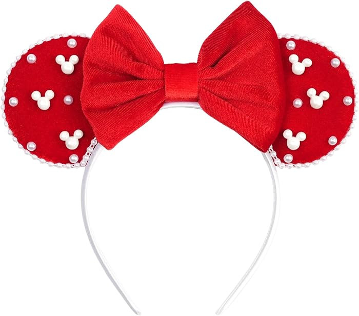 Elegant Red Velvet Mouse Ears Headband with Charming Bow and White Details – Perfect for Partie... | Amazon (US)