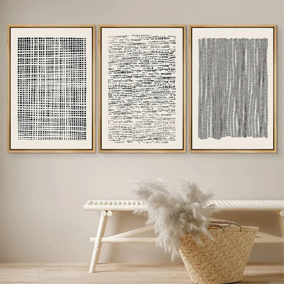 DustinWay Framed Canvas Print Wall Art Set of 3 Geometric Black Grid Wave Pattern Abstract Drawin... | Etsy (US)