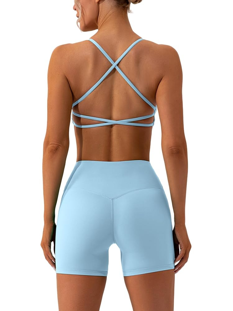 ABOCIW Workout Sets for Women 2 Piece Twist Front Halter Sports Bras High Waist Biker Shorts Exer... | Amazon (US)