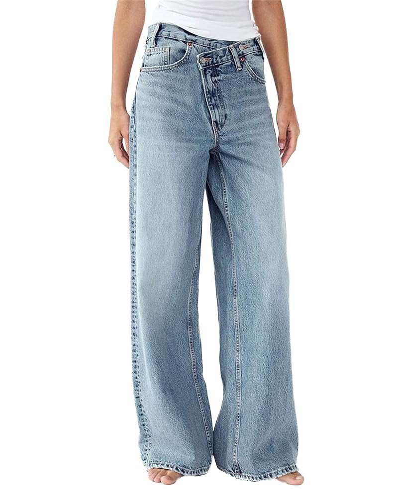 Owl's-Yard Women's Y2k Mid Rise Washed Baggy Jeans Crossover Wide Leg Loose Boyfriend Denim Pants... | Amazon (US)