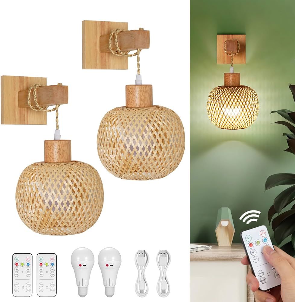 Battery Operated Wall Sconce with Remote Set of 2, Rechargeable Rattan Wall Sconces Battery Opera... | Amazon (US)