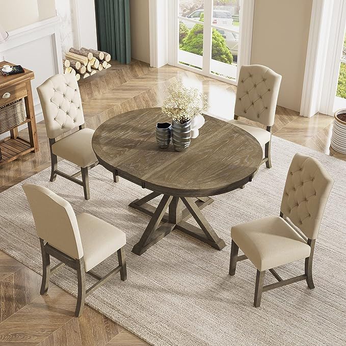 P PURLOVE Retro Style 5-Piece Round Dining Table Set for 4, Extendable Table with 4 Upholstered C... | Amazon (US)