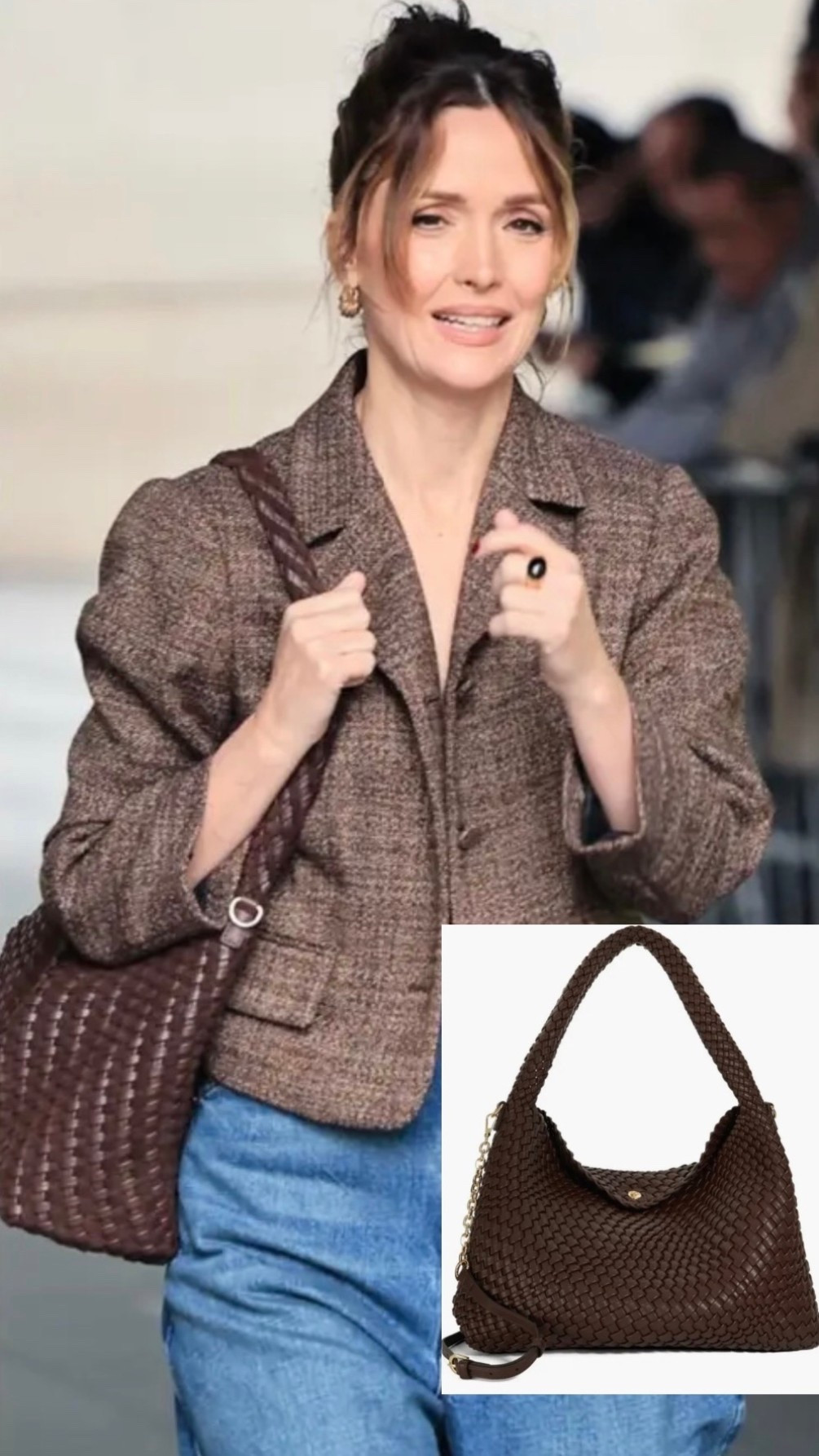 Rose Byrne was snapped in London last weekend ahead of the BAFTAs, looking ever stylish in wide-leg jeans, black booties, a short, brown tweed jacket — and what’s become celebs’ go-to bag, the large Dune London Deliberate.

Katie Holmes, Bella Hadid and Daisy Edgar-Jones are just a few of the fashionistas who have worn the style, which is surprisingly under $200. The woven, slouchy bag comes in different sizes and a range of pretty colors.

#LTKSeasonal #LTKitbag #LTKstyletip