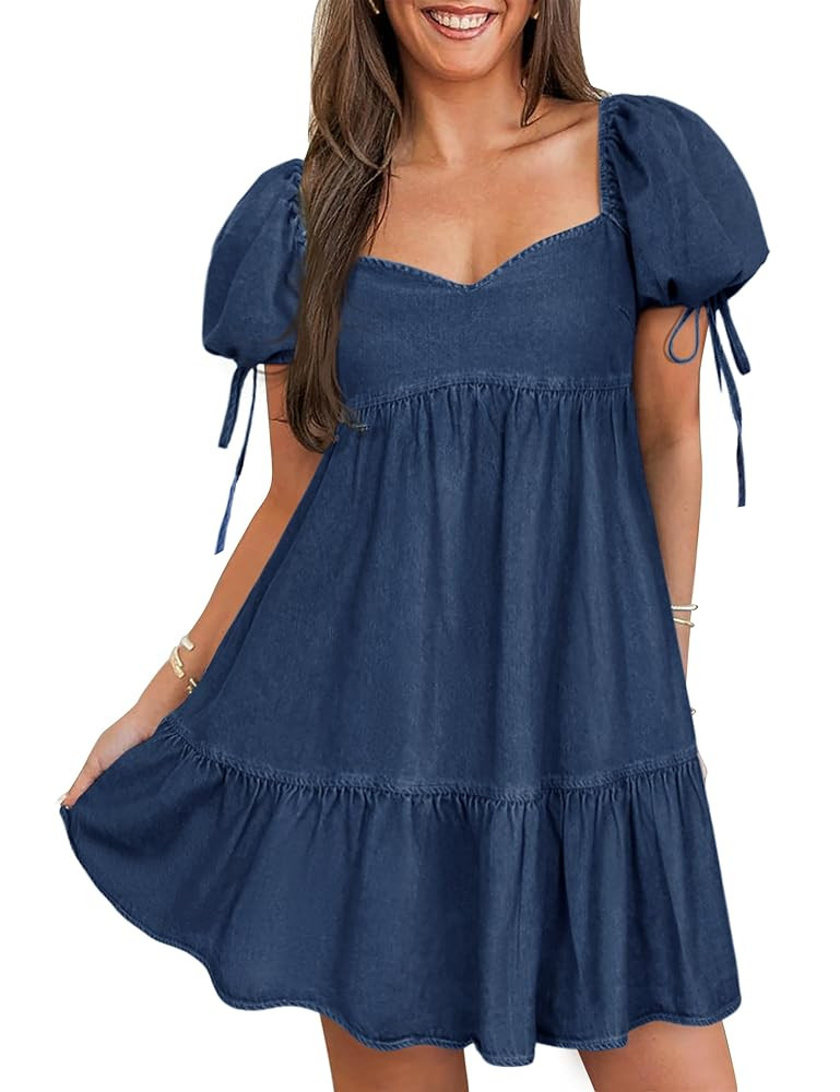 Denim Dress for Women Puff Short Sleeve Jean Dresses Sweetheart Neck Denim Mini Dress | Amazon (US)