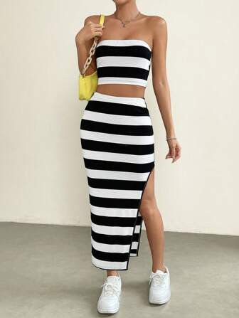 SHEIN EZwear Striped Print Tube Top & Split Thigh Skirt | SHEIN