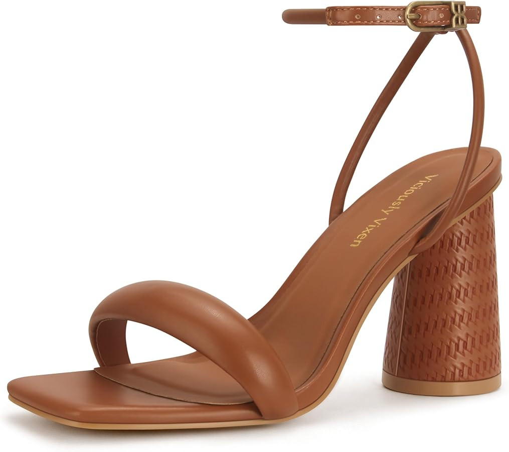 Women's Block High Heels Square Open Toe Strappy Sandals Party Wedding Ankle Strap Shoes | Amazon (US)