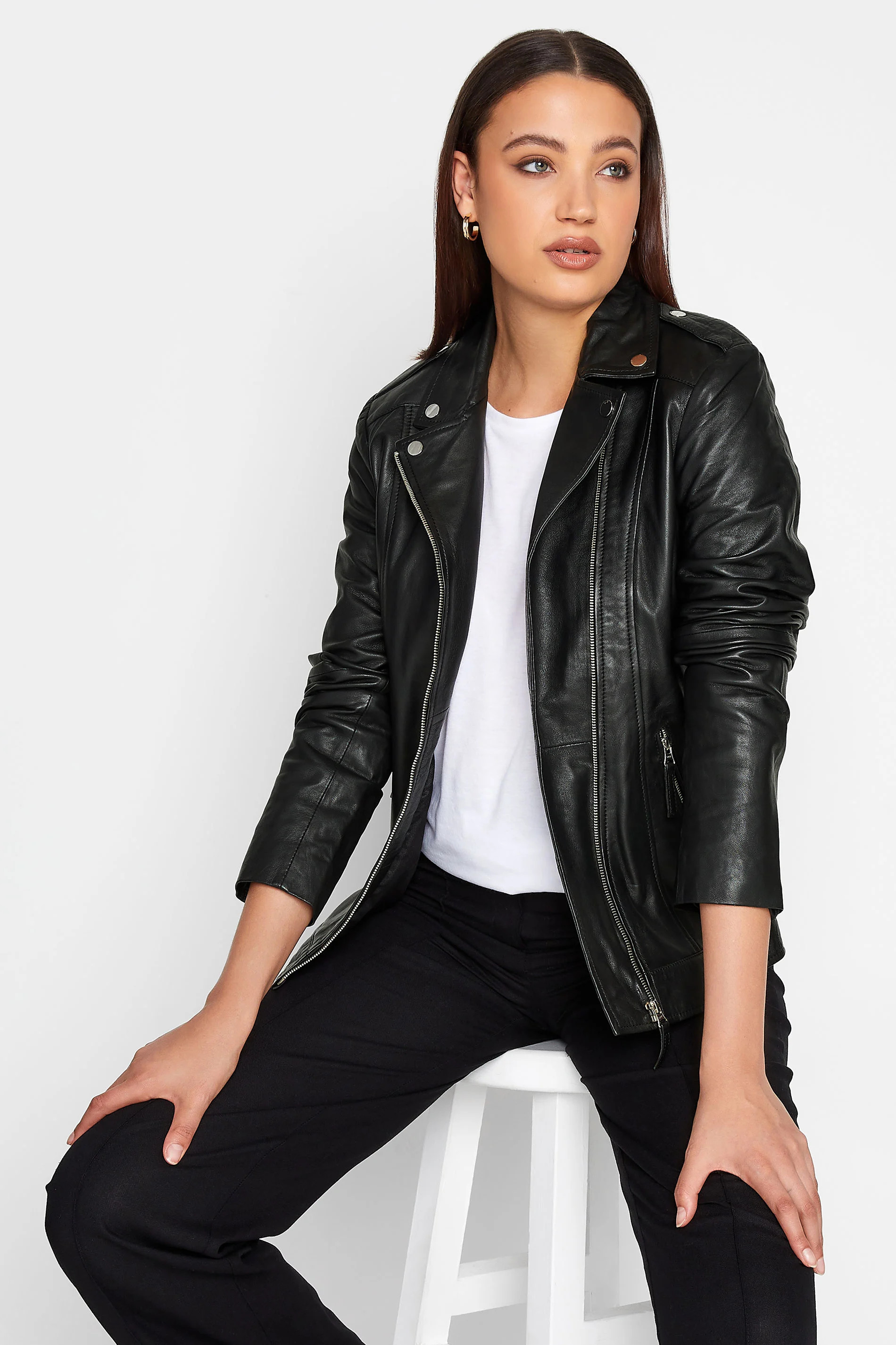 LTS Tall Black Leather Biker Jacket | Long Tall Sally