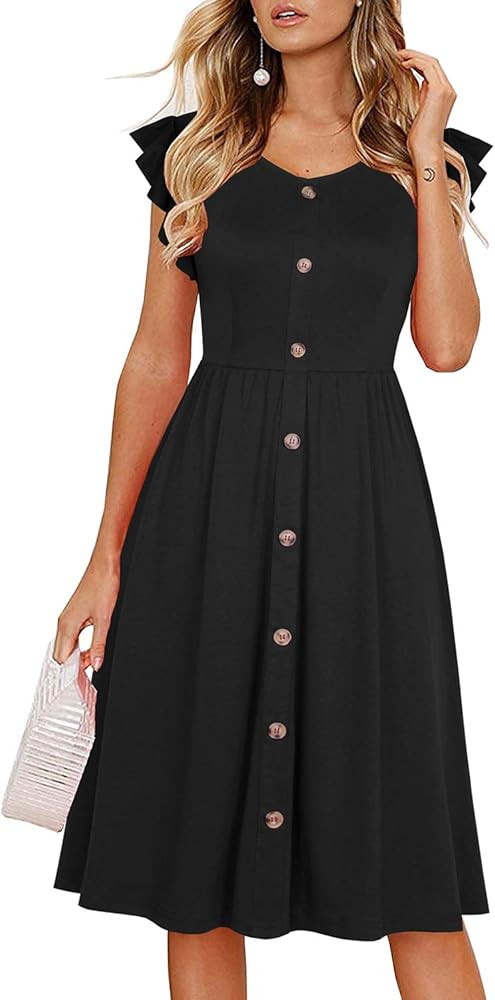 Lamilus Ruffle Sleeve Dress Button Down Dresses Women's Summer Elegant V-Neck Solid Casual Flared... | Amazon (US)