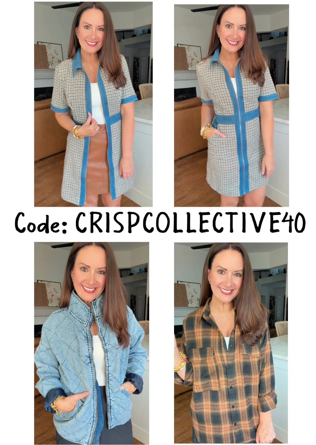 Use code CRISPCOLLECTIVE40 for 40% OFF at checkout!
Wearing a medium in this houndstooth/denim dress! 
Wearing a small in the oversized quilted, denim jacket and a small in this perfect fall flannel!
Code is good sitewide! SO many fun pieces for Fall!!
.

#LTKSeasonal #LTKSaleAlert #LTKOver40