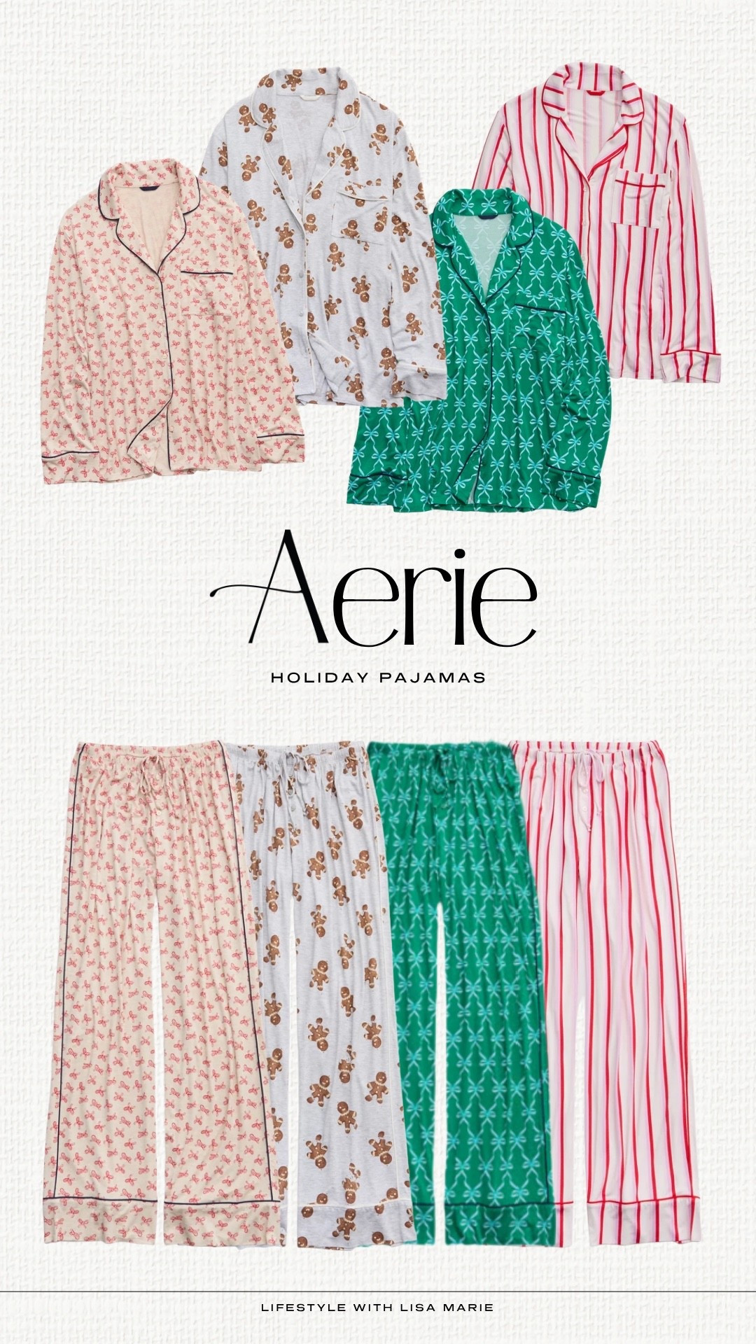 Aerie holiday pajamas! Christmas morning pjs. Matching pajama sets. Elevated jammies. Long sleeved pajamas. Holiday print pjs. Gingerbread print pajamas. Bow print pjs. Satin and flannel pajamas.