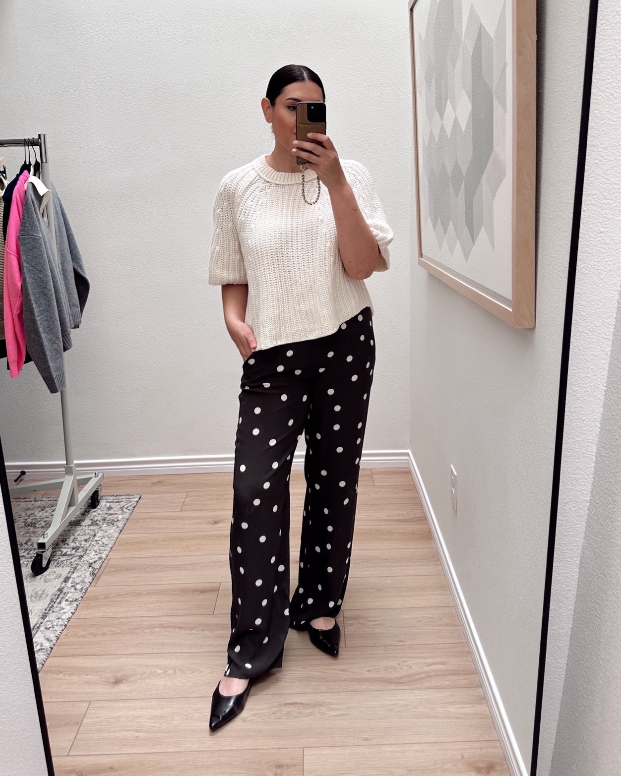 I'm in the large of the Free People Amy Sweater but it's a loose fit! TTS with a relaxed fit. 

I'm in the large of the Favorite Daughter pants -- they fit relaxed. I would say if you are in between sizes, go up a size for a relaxed fit.  

 