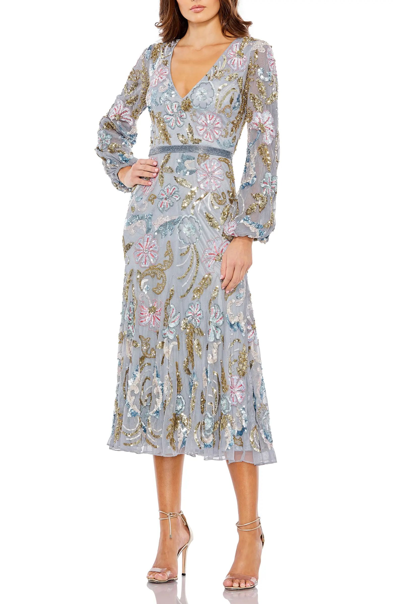 Mac Duggal Floral Sequin Long Sleeve A-Line Cocktail Dress | Nordstrom | Nordstrom