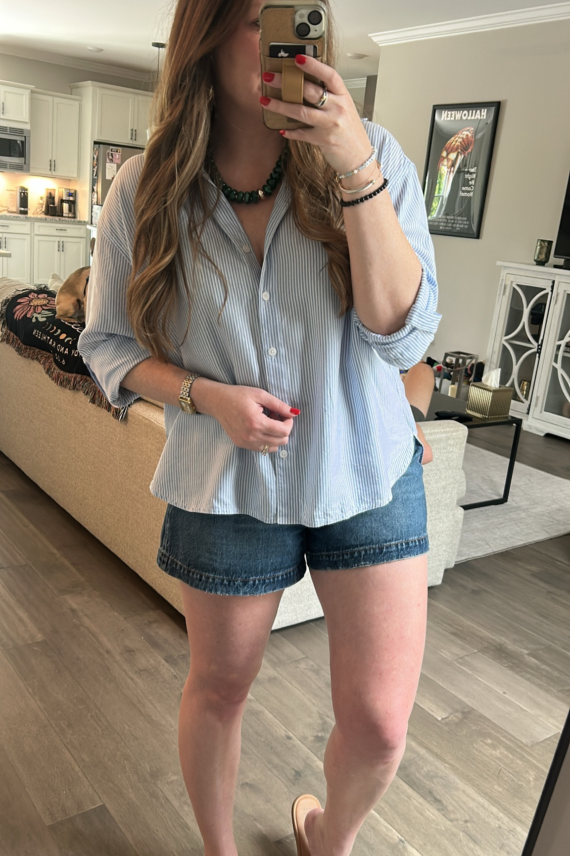 Striped button up / runs oversized I sized down to an xs
Denim Aline shorts / tts wearing a 29
Chunky bead necklace 
Yurman ring and cuff bracelet 
Tan sandals 



#LTKSaleAlert #LTKdayinmylife #LTKootd